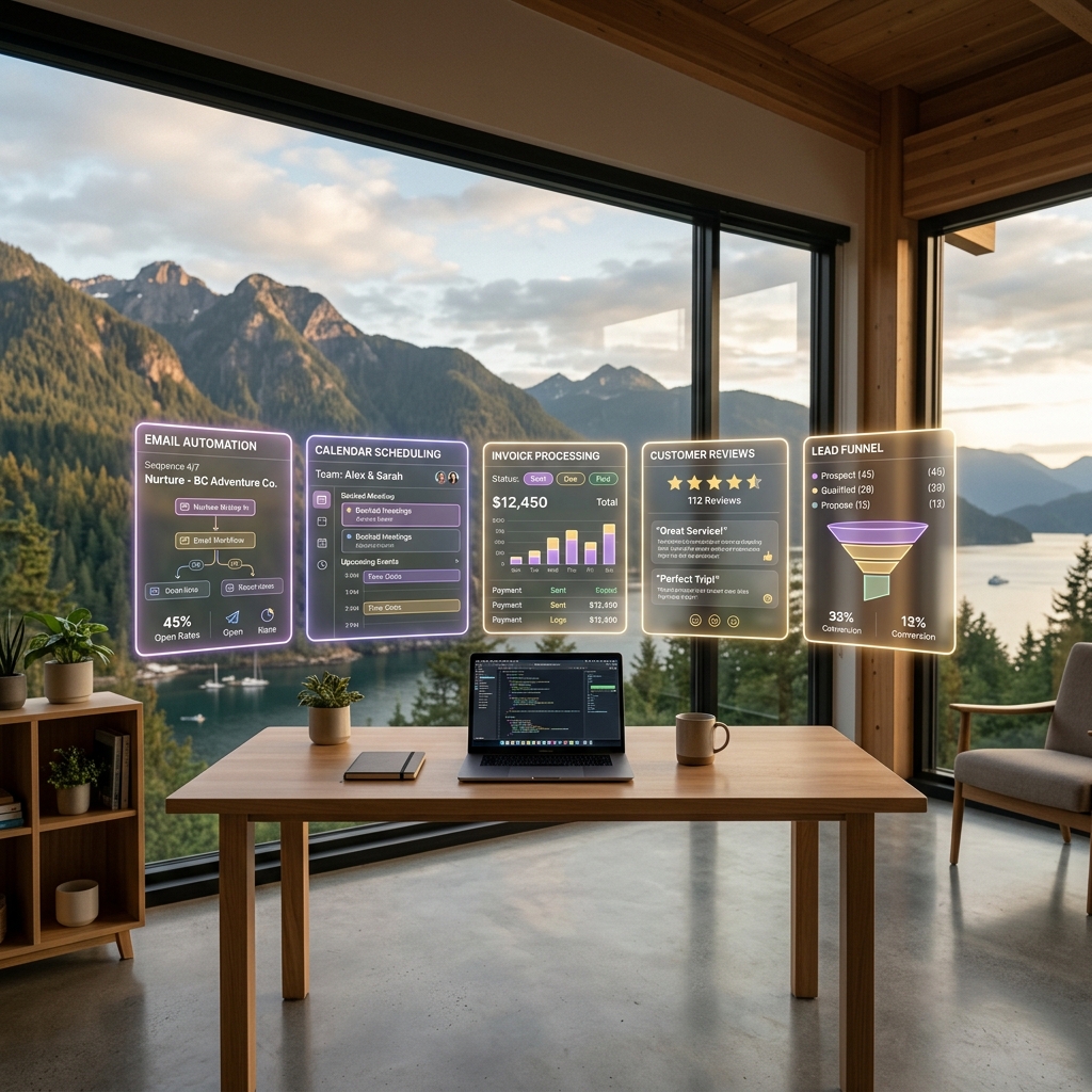 Modern BC small business office with five holographic automation workflow panels — email, scheduling, invoicing, reviews, and reporting — floating above a desk with Pacific Northwest mountains visible through the window