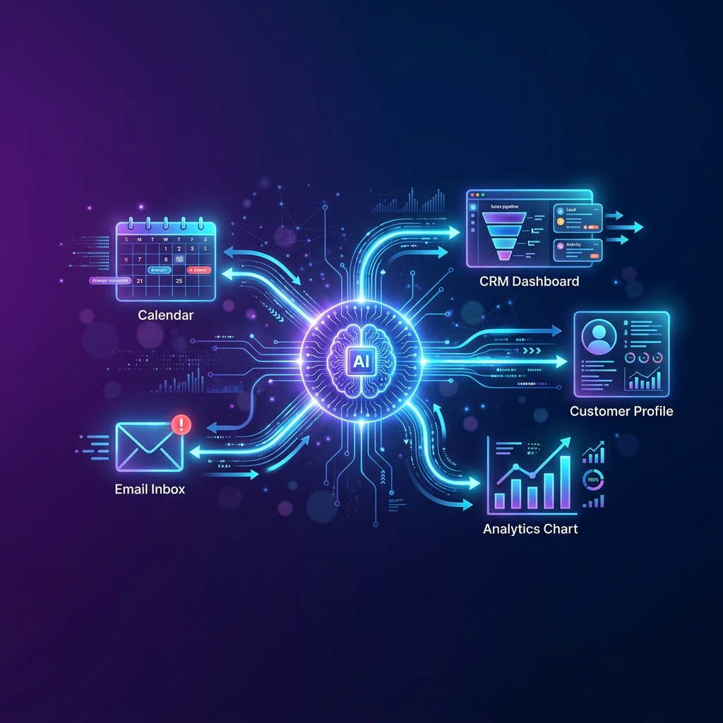 Agentic AI brain node connected to business workflow icons showing autonomous multi-step task execution across calendar, email, CRM, and analytics systems