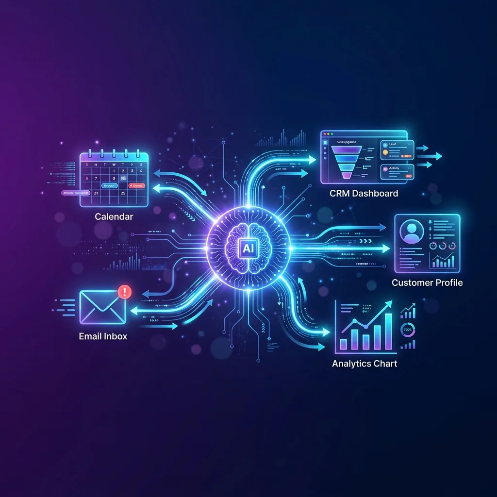 Agentic AI brain node connected to business workflow icons showing autonomous multi-step task execution across calendar, email, CRM, and analytics systems