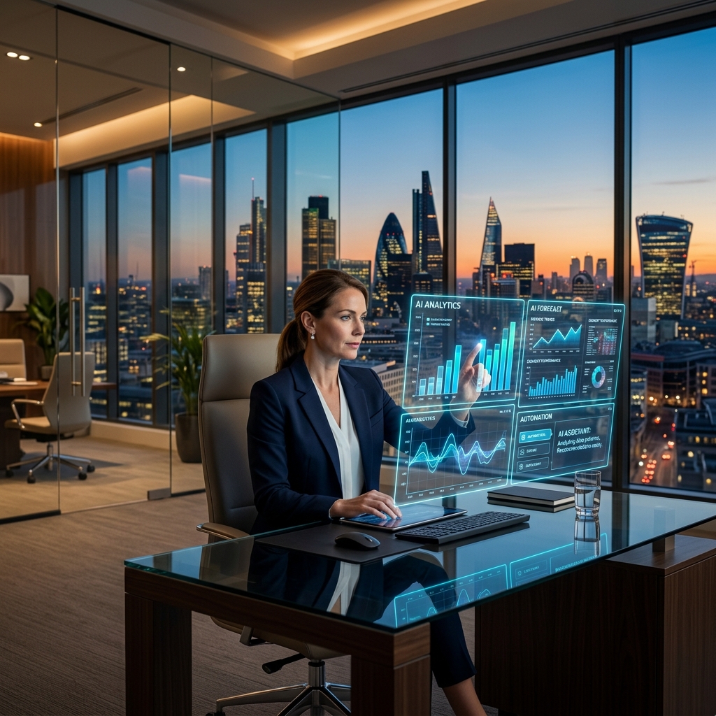 Professional interacting with multiple AI-powered holographic dashboards displaying analytics, predictive modeling, and workflow automation in a modern office