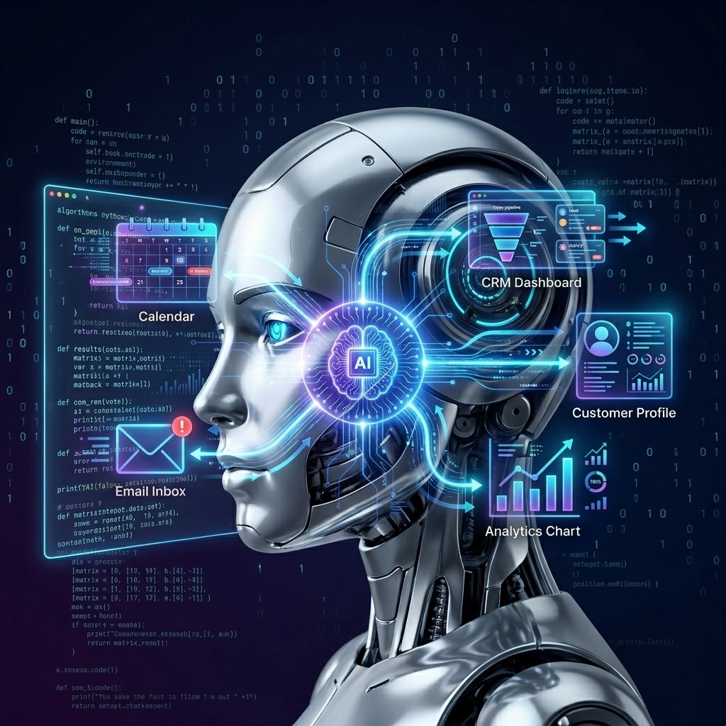 Photorealistic AI robot head with glowing cyan eyes surrounded by holographic code and data streams representing agentic AI processing business workflows