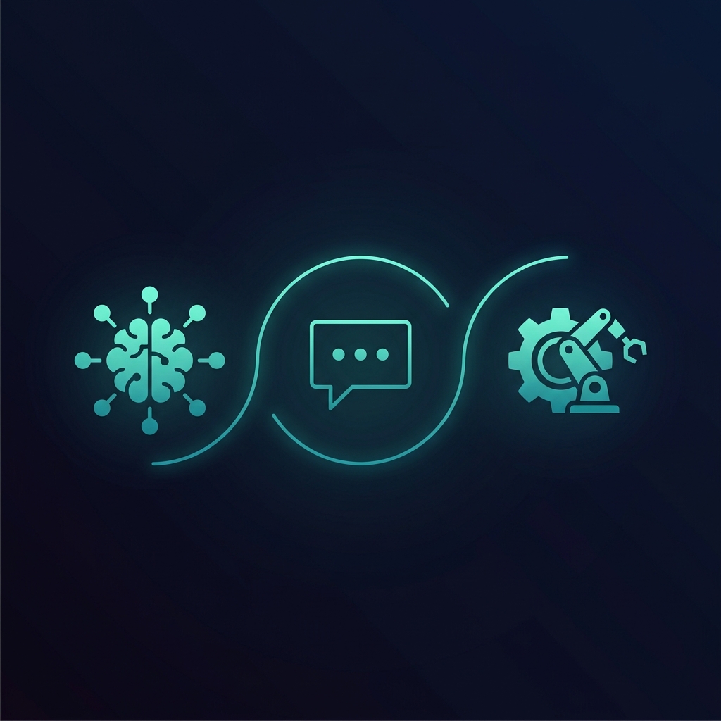 Visual comparison of AI agents, chatbots, and RPA automation technologies showing three distinct approaches connected by a spectrum from simple to complex