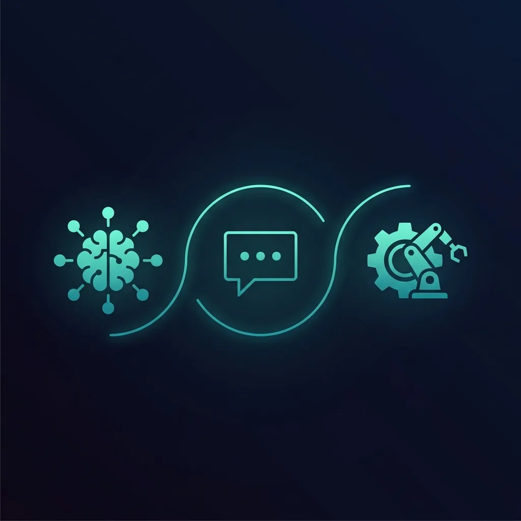 Visual comparison of AI agents, chatbots, and RPA automation technologies showing three distinct approaches connected by a spectrum from simple to complex
