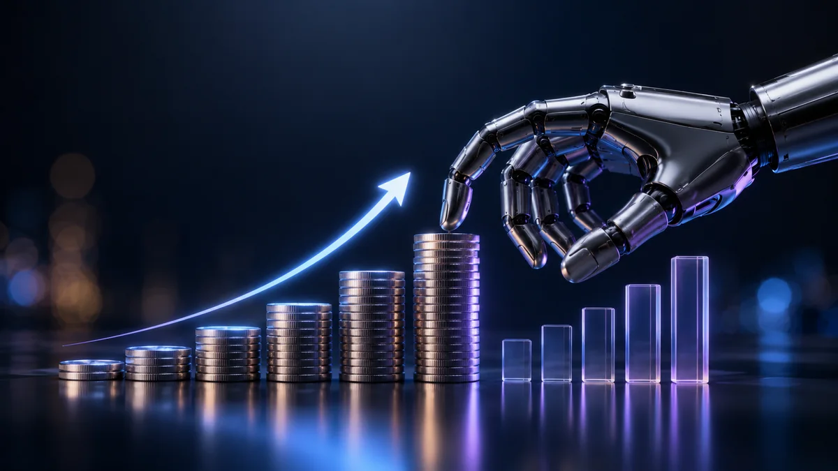 AI automation pricing and ROI dashboard with holographic growth charts and cost analysis