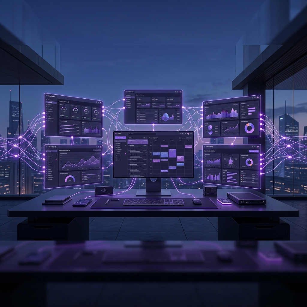 AI automation neural network connecting business tools — calendar, email, analytics, invoicing — through glowing purple pathways