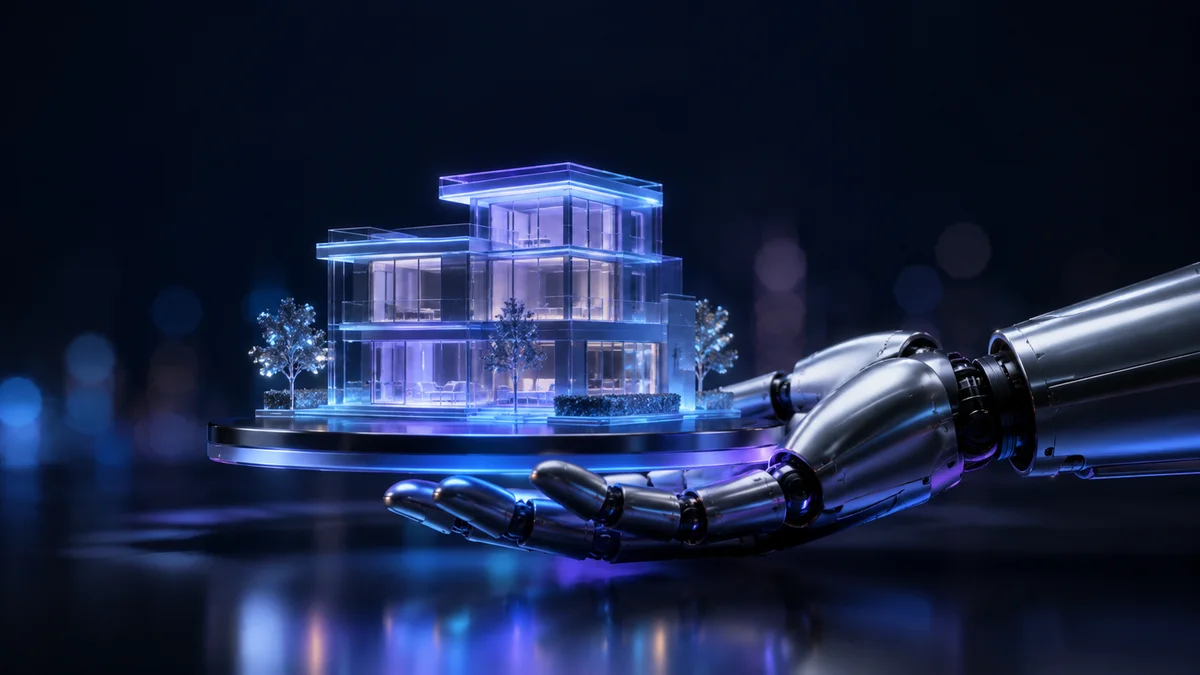 AI-powered real estate technology with holographic property listings and market analytics