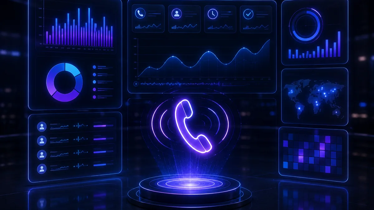 Call analytics dashboard with a glowing phone hologram, charts and caller metrics