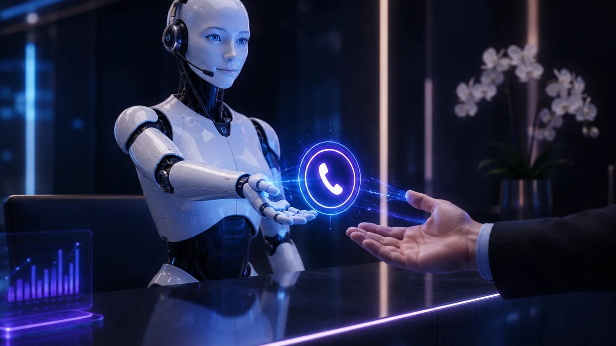 AI receptionist handing a live phone call over to a human hand — the human handoff moment
