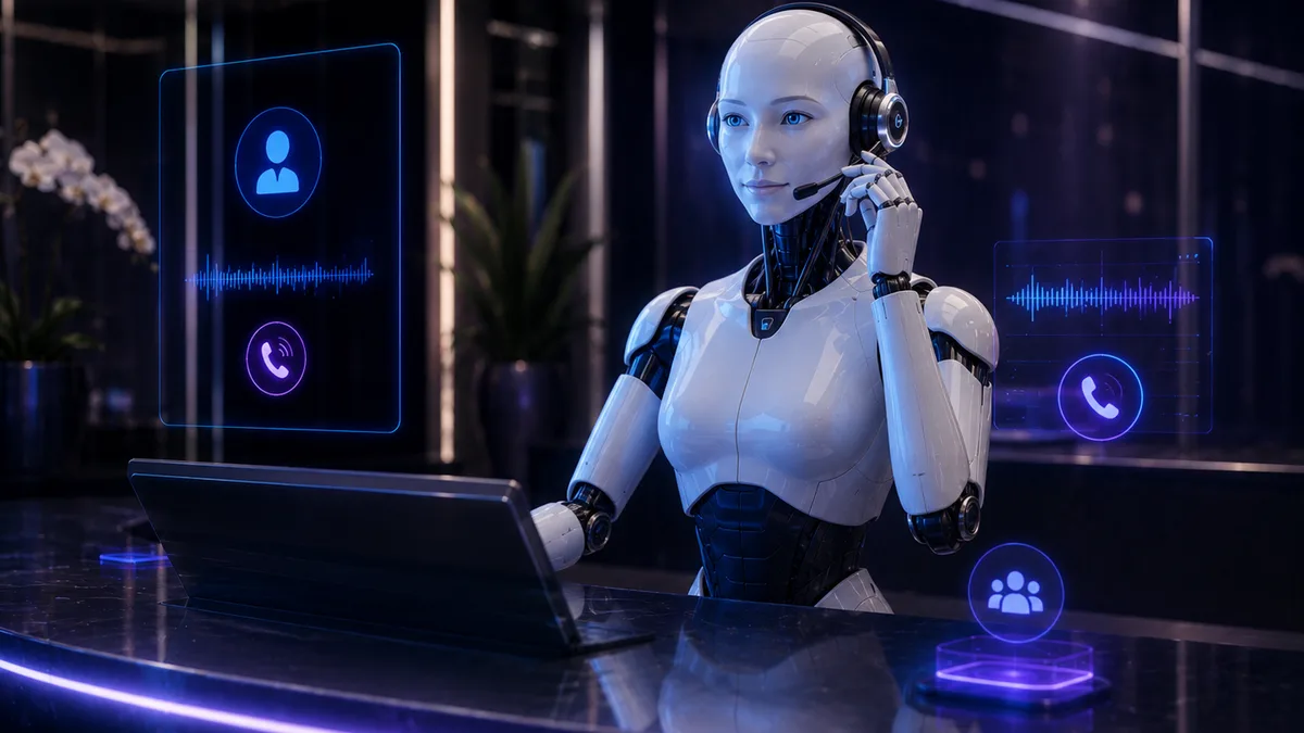 AI receptionist with a headset answering business calls beside call analytics