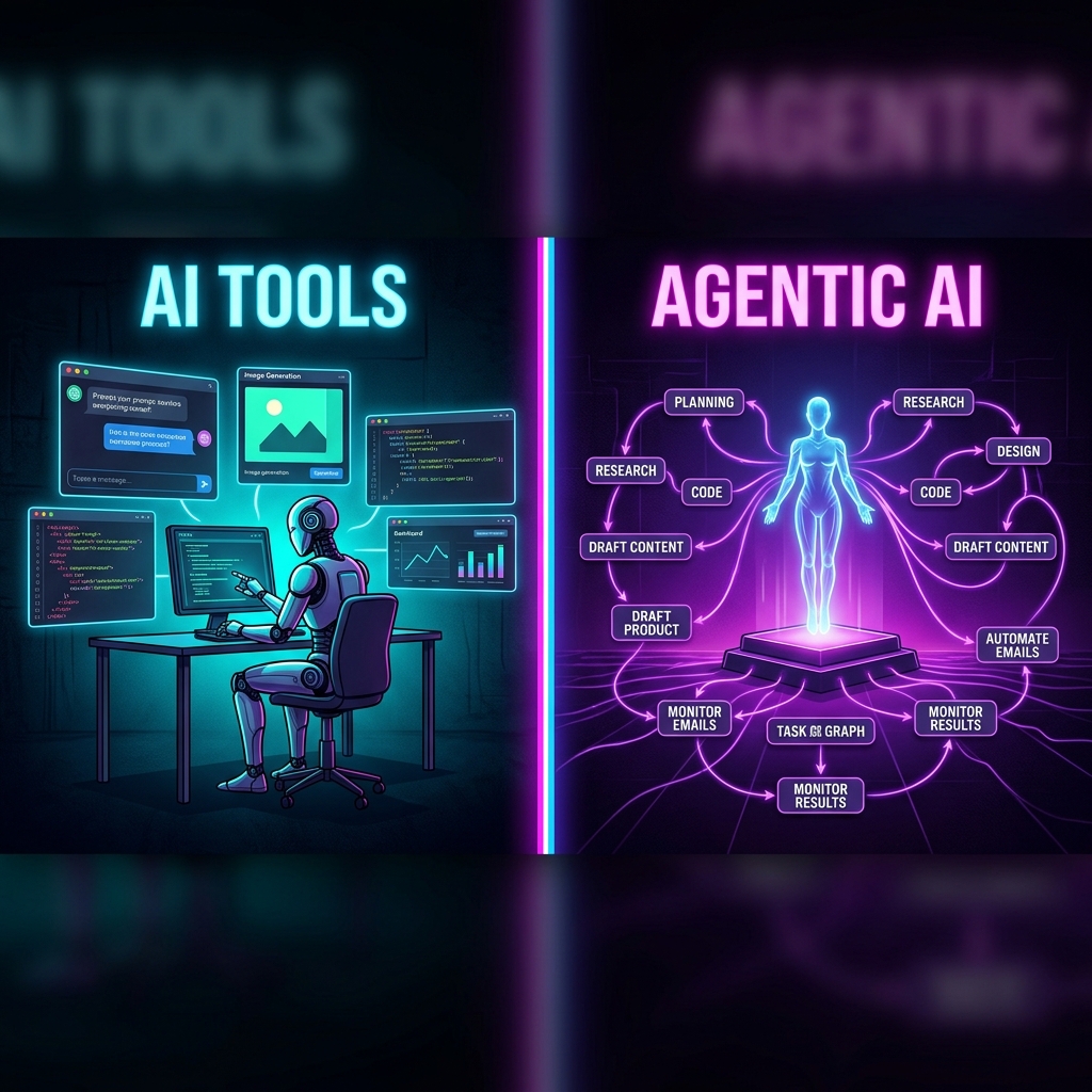 Split-screen comparison: AI tools as isolated applications on the left vs agentic AI as autonomous orchestration with connected multi-step workflows on the right