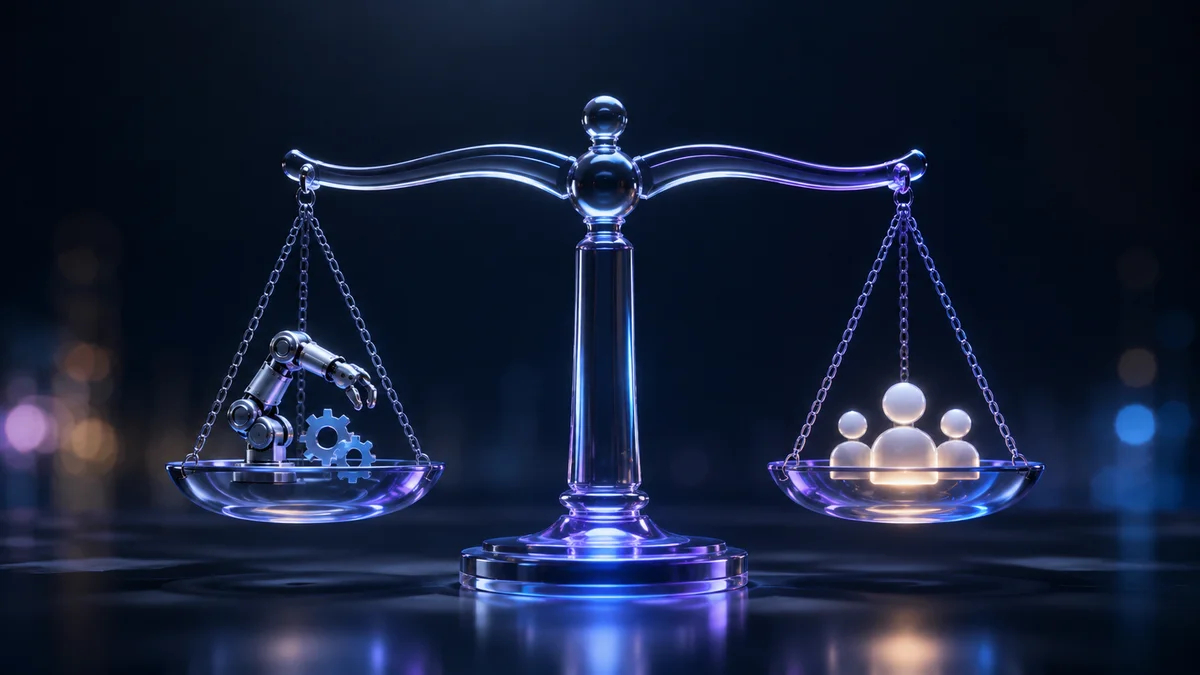 AI automation versus human hiring decision concept with holographic comparison