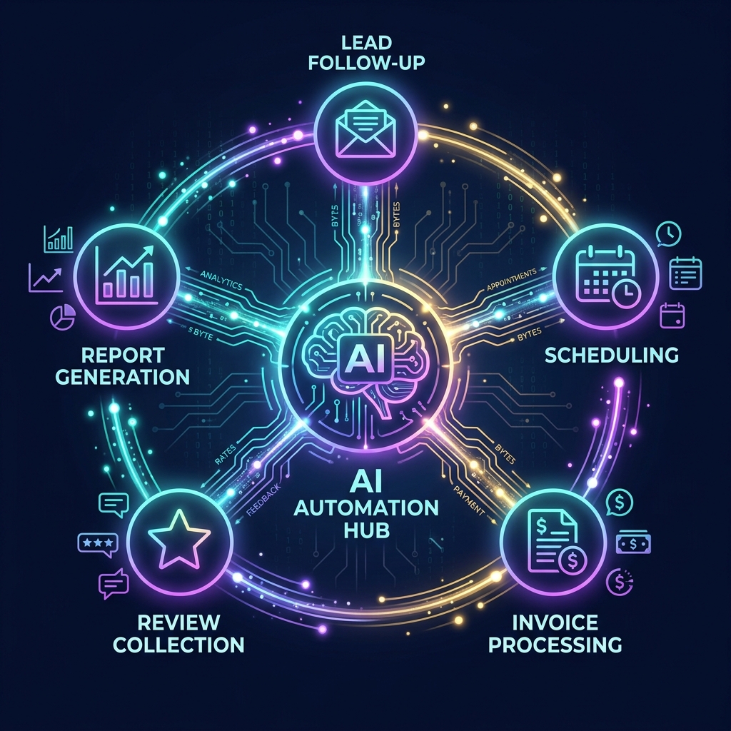AI automation workflow diagram showing a central AI node connected to five business automation modules: lead follow-up, scheduling, invoice processing, review collection, and report generation