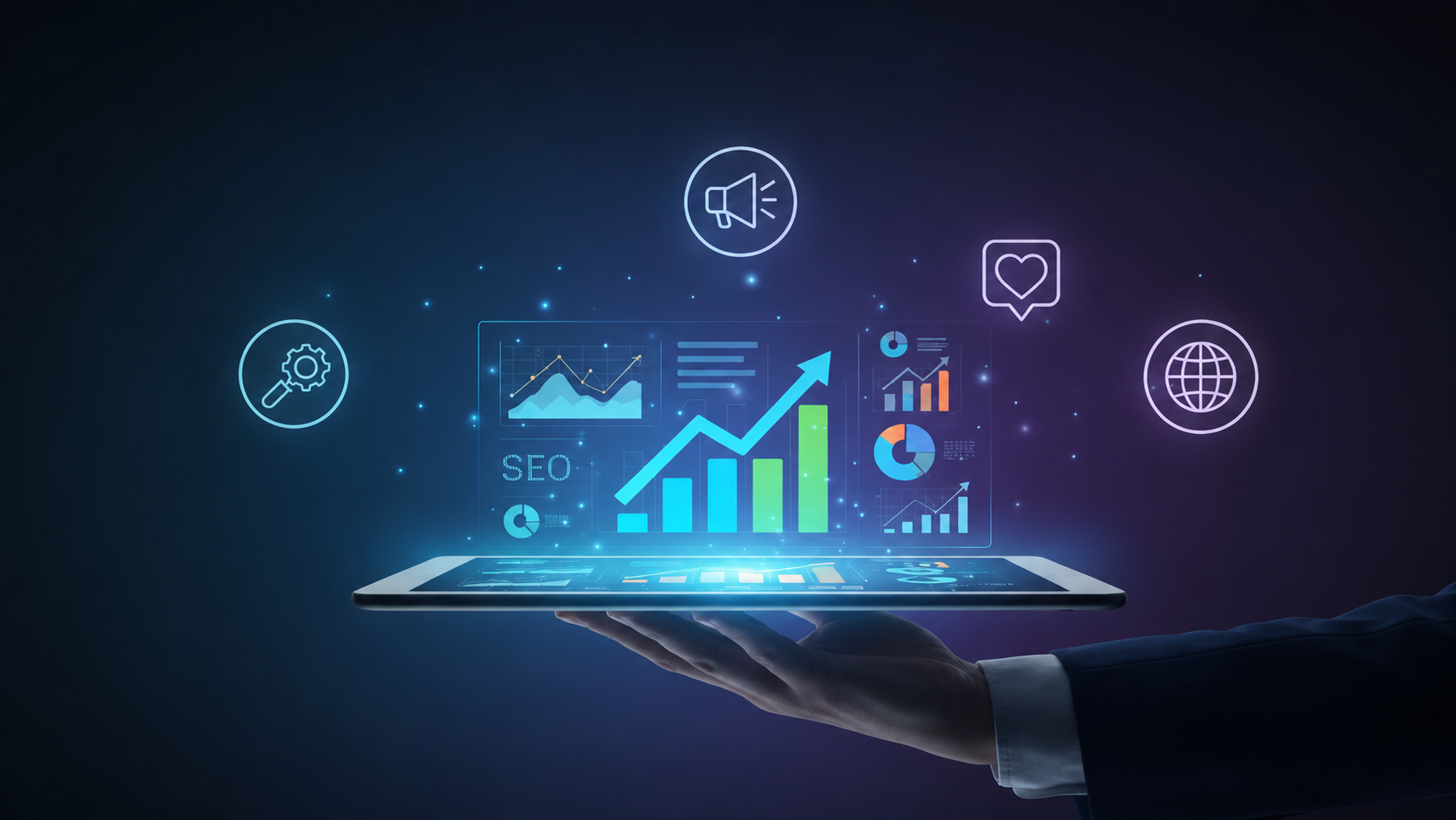 Tablet held in hand displaying SEO analytics icons and growth charts floating above it