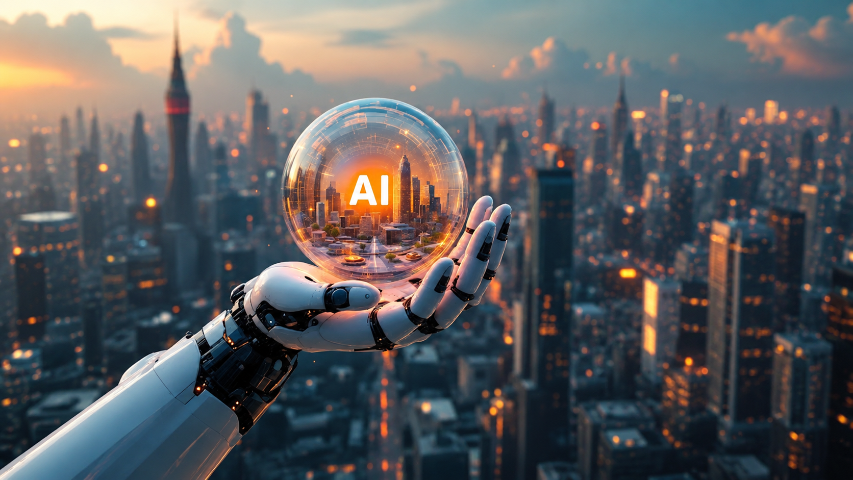 Robot arm holding a glowing AI city sphere above a cityscape at sunset