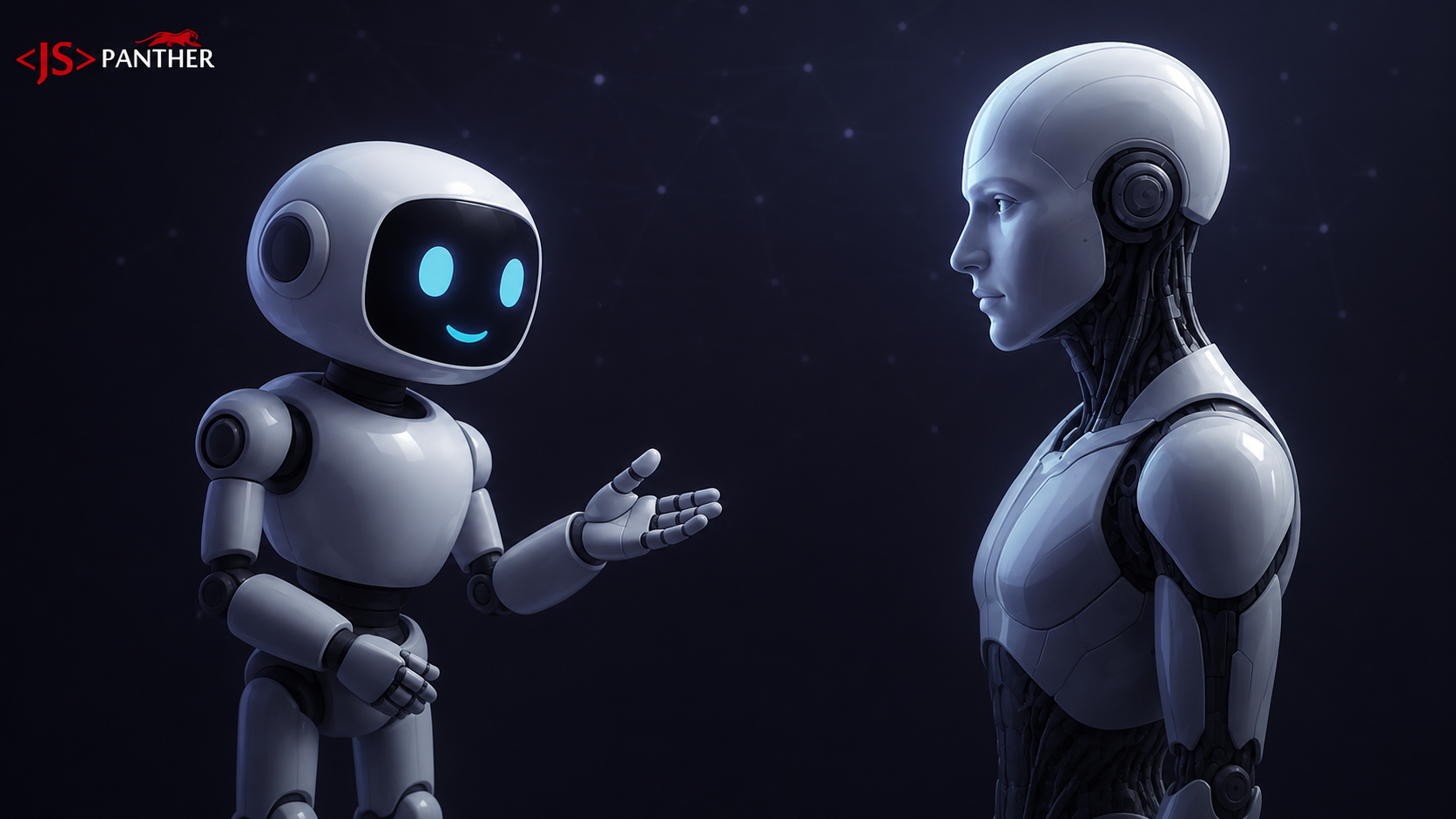 Small friendly chatbot robot faces an advanced humanoid AI — tools vs agentic AI