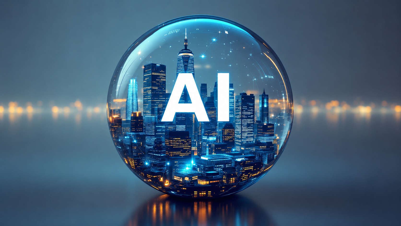 AI city skyline encased in a crystal globe — representing the AI ecosystem