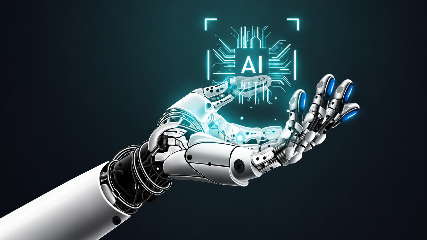 Robot hand holding an AI circuit chip — representing AI automation