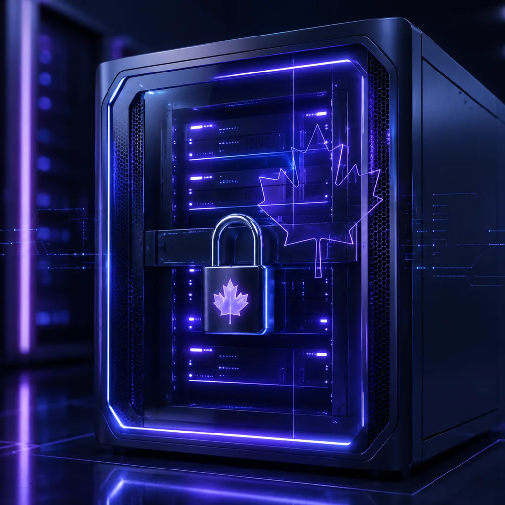 Data flowing between Canadian and US servers with AI icons