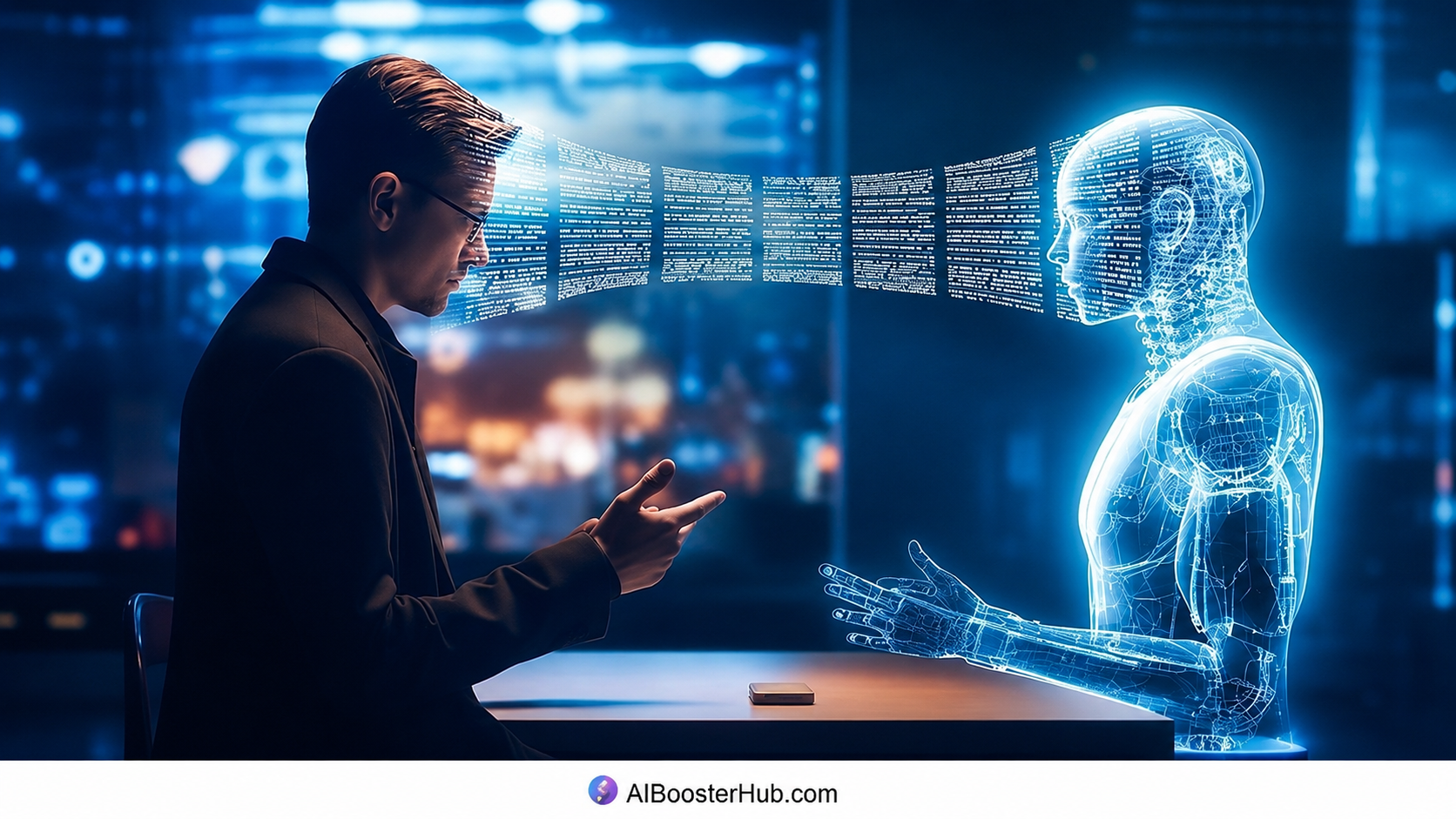 Business professional interacting with a glowing holographic AI figure at a desk