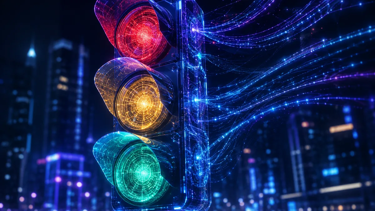 Traffic light made of glowing data streams — green, yellow and red signals for AI data practices