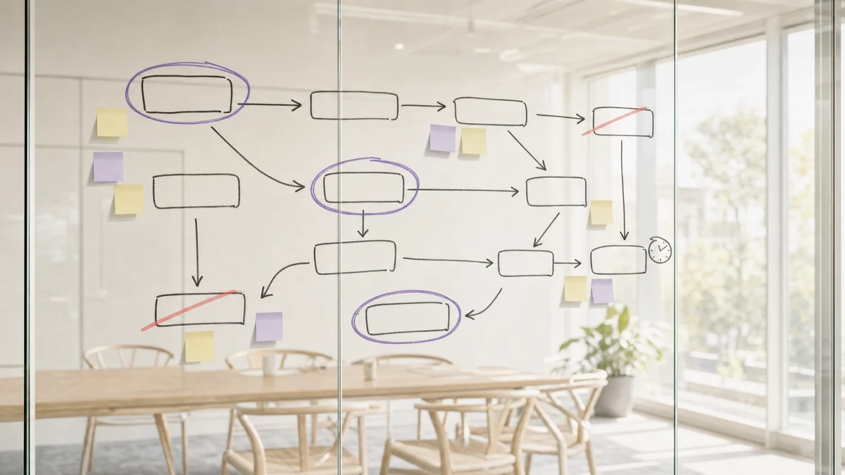 A business process map drawn in marker on a glass meeting room wall, some steps circled and others struck through