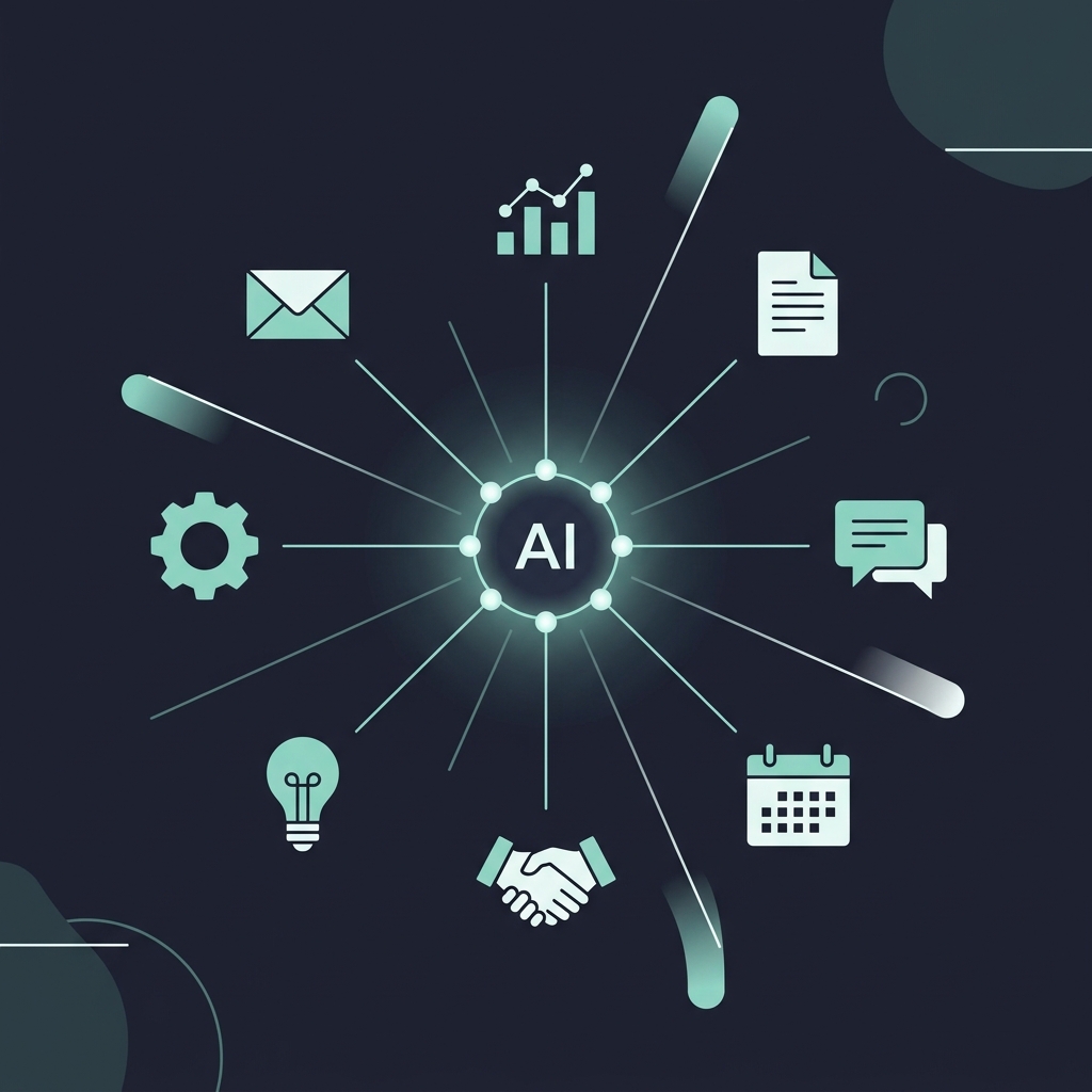 Minimalist diagram of seven generative AI use cases for small business — a central AI node connected to icons representing lead generation, content creation, customer service, document processing, analytics, scheduling, and proposals