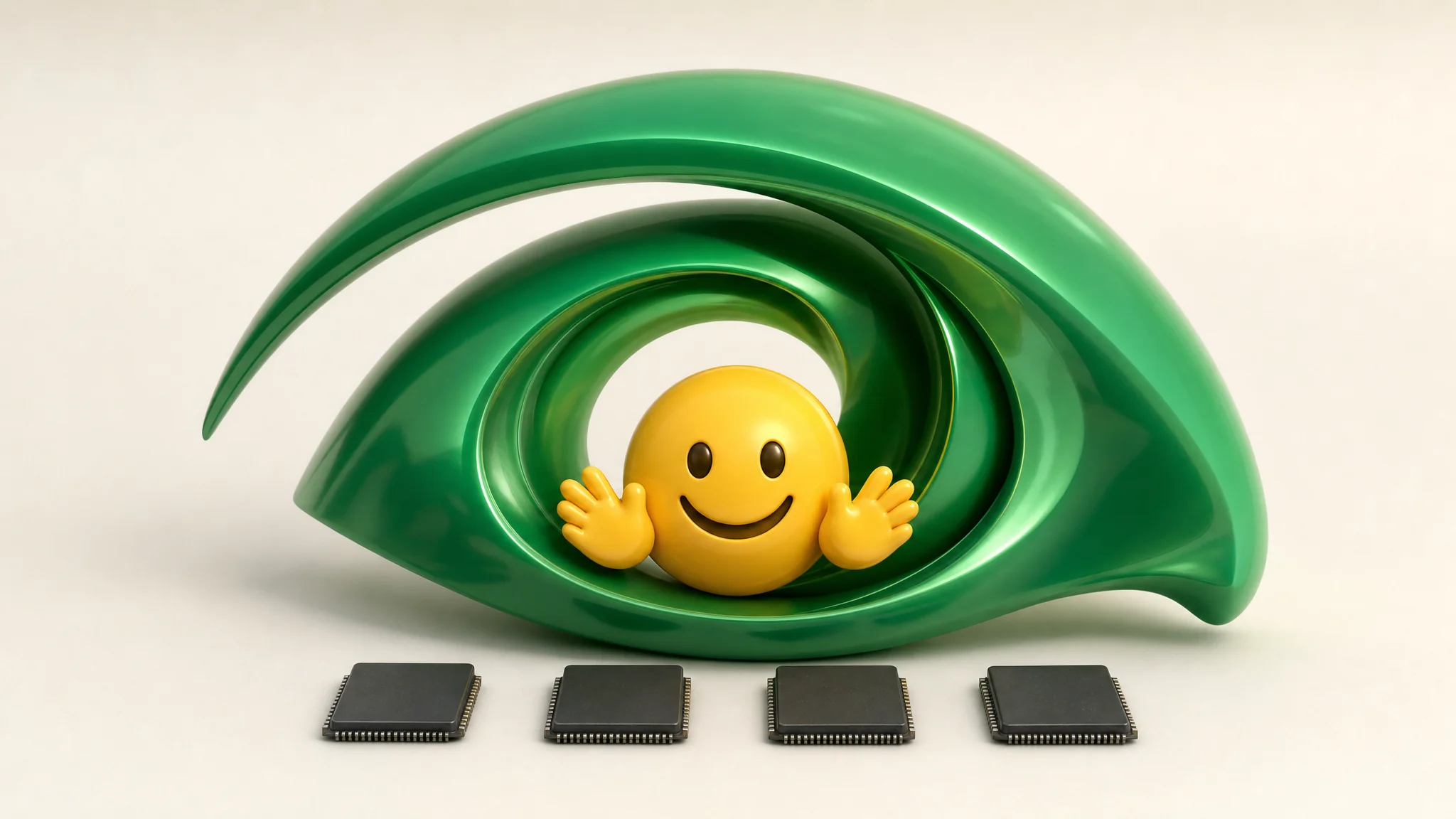 The yellow Hugging Face emoji enclosed inside a large green Nvidia-style spiral eye, with four unlit rival silicon chips outside it