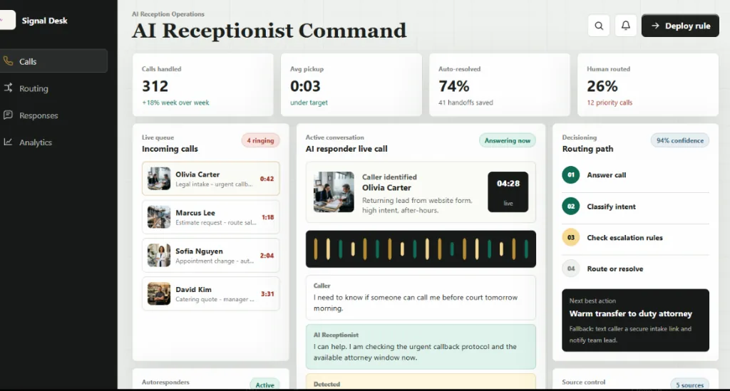 AI voice receptionist call dashboard with routing and transcript