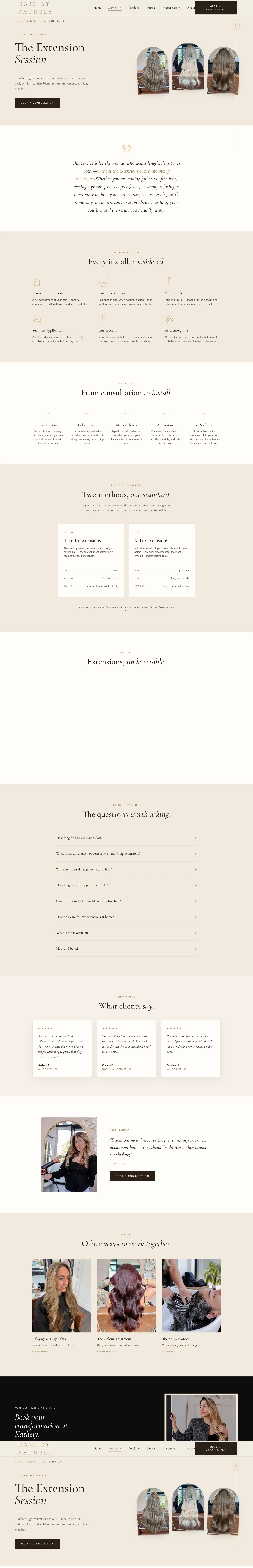The hair extensions service page, showing the full nine-section layout