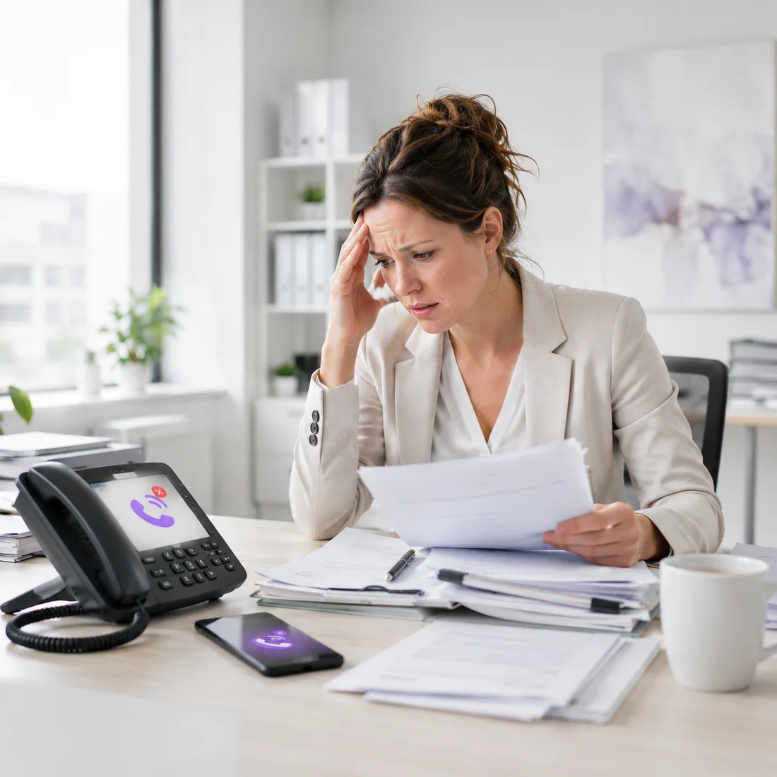 Frustrated receptionist missing a phone call